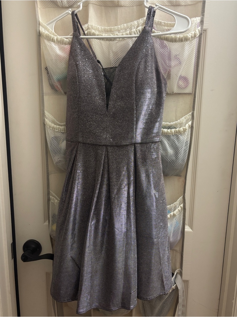 Crystal Doll Shimmery Silver V-Neck Mini Dress